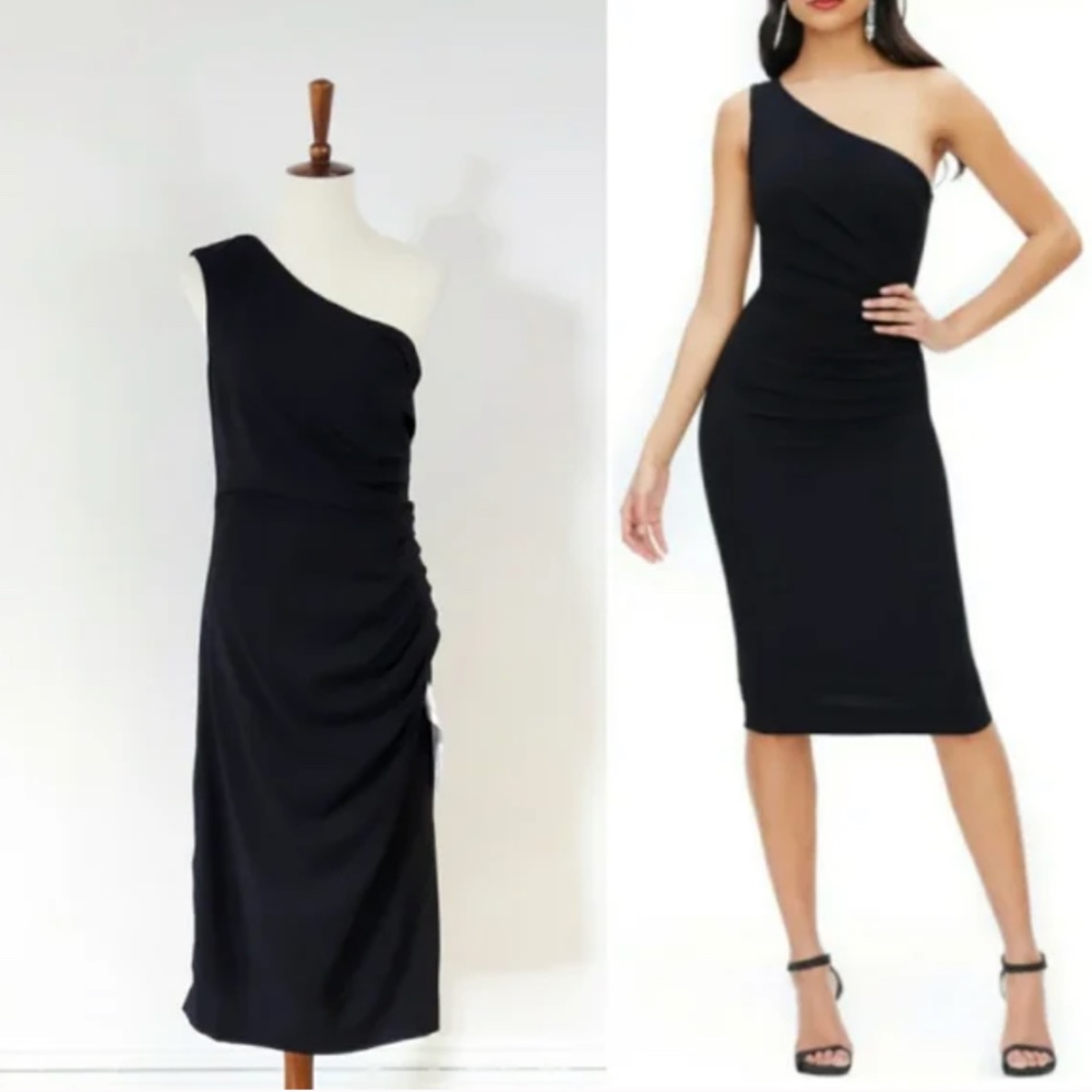 NORDSTROM- DRESS THE POPULATION Martine Stretch Crepe One-Shoulder Dress- Black